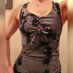 Body Angel Gray / Black tie-dye lace-up, open back tank top. Size S